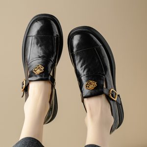 Brown Genuine Leather Camellia Flat Loafers for Women - 2025 British Style Summer Shoes