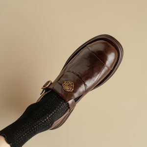 Brown Genuine Leather Camellia Flat Loafers for Women - 2025 British Style Summer Shoes