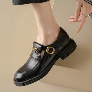 Brown Genuine Leather Camellia Flat Loafers for Women - 2025 British Style Summer Shoes