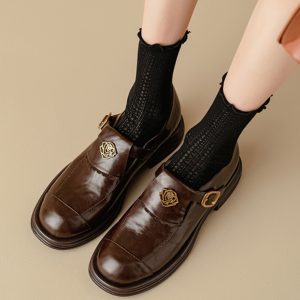 Brown Genuine Leather Camellia Flat Loafers for Women - 2025 British Style Summer Shoes