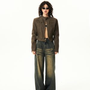 Brown Leather Motorcycle Jacket for Women – Sexy Slim Fit, American Retro Style, Autumn Trend, Short Design