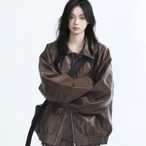 Brown Motorcycle PU Leather Jacket for Women - Vintage American Retro Style, Loose Fit, Autumn Fashion, Trendy Outerwear