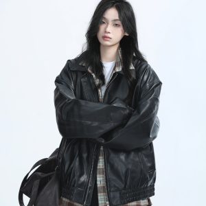 Brown Motorcycle PU Leather Jacket for Women - Vintage American Retro Style, Loose Fit, Autumn Fashion, Trendy Outerwear