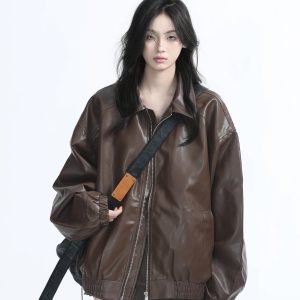 Brown Motorcycle PU Leather Jacket for Women - Vintage American Retro Style, Loose Fit, Autumn Fashion, Trendy Outerwear