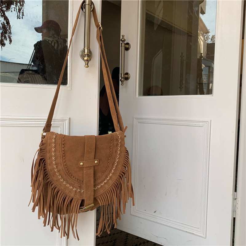 Brown Retro American Fringe Bag - Women's Bohemian Faux Suede Crossbody & Shoulder Bag for Versatile Style