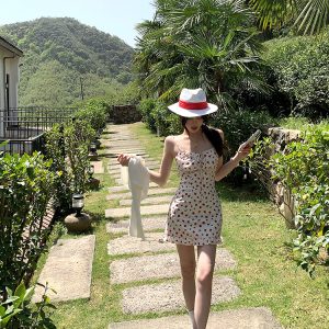 Brown Rose Floral Spaghetti Strap Dress - Summer Sweetheart Waist-Defining Slim Skirt for Y2K and 90s Fashion