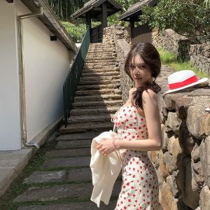 Brown Rose Floral Spaghetti Strap Dress - Summer Sweetheart Waist-Defining Slim Skirt for Y2K and 90s Fashion