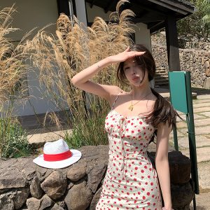 Brown Rose Floral Spaghetti Strap Dress - Summer Sweetheart Waist-Defining Slim Skirt for Y2K and 90s Fashion