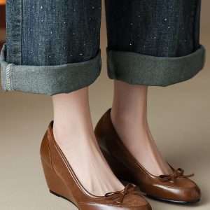 Brown Suede Bow Wedge Heels for Women - Spring Summer 2025 Elegant Cutout Design, Y2K Inspired Fashion