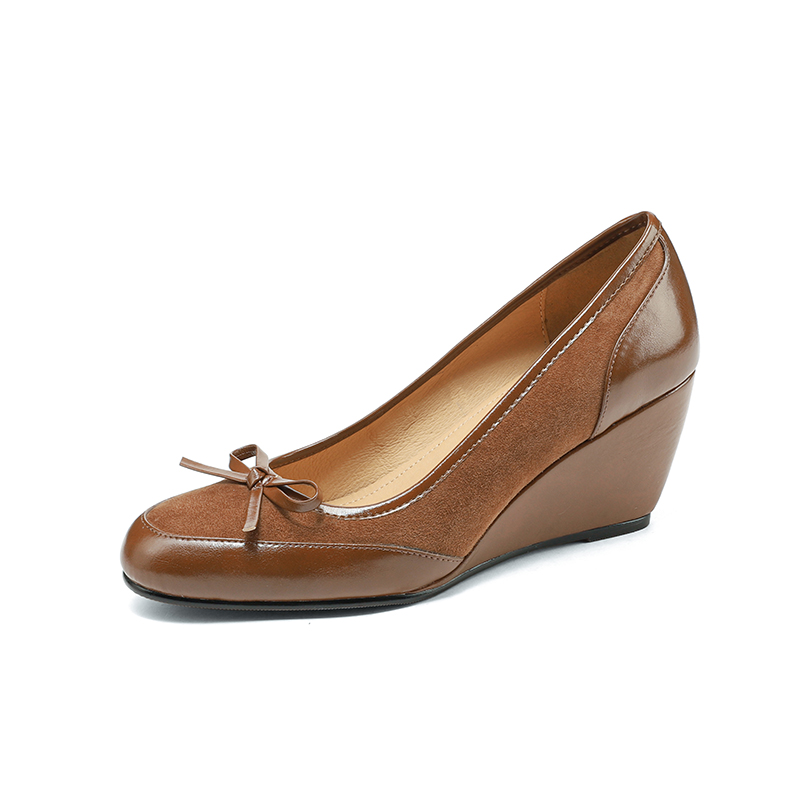 Brown Suede Bow Wedge Heels for Women - Spring Summer 2025 Elegant Cutout Design, Y2K Inspired Fashion