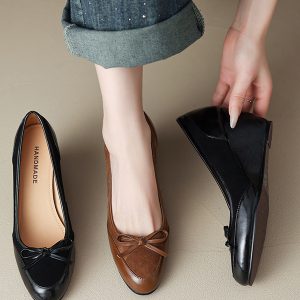 Brown Suede Bow Wedge Heels for Women - Spring Summer 2025 Elegant Cutout Design, Y2K Inspired Fashion