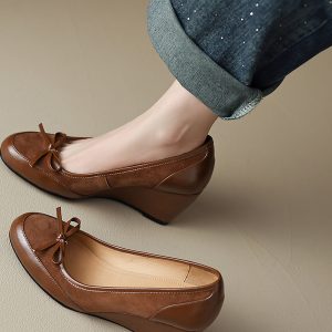 Brown Suede Bow Wedge Heels for Women - Spring Summer 2025 Elegant Cutout Design, Y2K Inspired Fashion