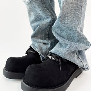 Brown Suede Derby Shoes for Men and Women - Low-Top Thick-Soled Height-Increasing Mickey Style Boots