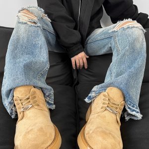 Brown Suede Thick-Soled Mickey Derby Shoes for Men, Height-Increasing Round-Toe Low-Top American Style Trendy Boots