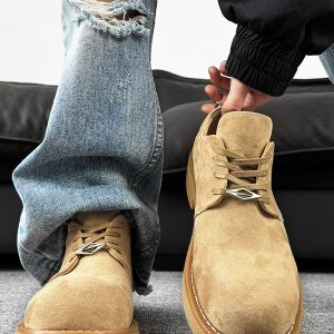 Brown Suede Thick-Soled Mickey Derby Shoes for Men, Height-Increasing Round-Toe Low-Top American Style Trendy Boots