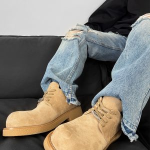 Brown Suede Thick-Soled Mickey Derby Shoes for Men, Height-Increasing Round-Toe Low-Top American Style Trendy Boots