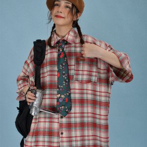 Brushed Plaid Short Sleeve Shirt for Men and Women, Casual Versatile Vintage Style, 90s Inspired Fashion, New Arrival