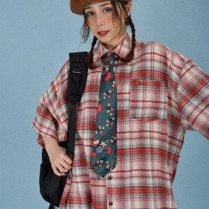 Brushed Plaid Short Sleeve Shirt for Men and Women, Casual Versatile Vintage Style, 90s Inspired Fashion, New Arrival