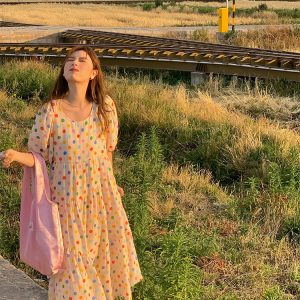 Bubble Neon Polka Dot Linen Dress for Women - Summer Puff Sleeve Long Skirt, Vintage Style Dopamine Outfit