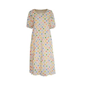 Bubble Neon Polka Dot Linen Dress for Women - Summer Puff Sleeve Long Skirt, Vintage Style Dopamine Outfit