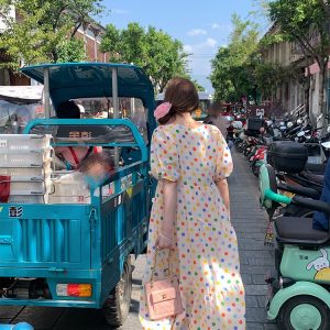 Bubble Neon Polka Dot Linen Dress for Women - Summer Puff Sleeve Long Skirt, Vintage Style Dopamine Outfit