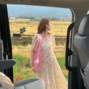 Bubble Neon Polka Dot Linen Dress for Women - Summer Puff Sleeve Long Skirt, Vintage Style Dopamine Outfit