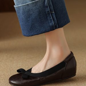 Burgundy Lambskin Ballet Flats for Women - Soft Bottom, Hidden Height, Summer Style, Large Size 41-42, Comfortable Fashion Footwear