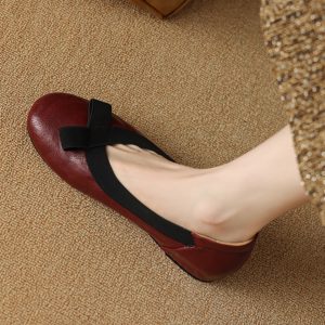 Burgundy Lambskin Ballet Flats for Women - Soft Bottom, Hidden Height, Summer Style, Large Size 41-42, Comfortable Fashion Footwear