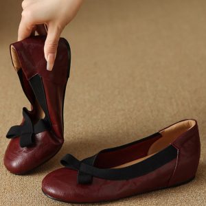 Burgundy Lambskin Ballet Flats for Women - Soft Bottom, Hidden Height, Summer Style, Large Size 41-42, Comfortable Fashion Footwear