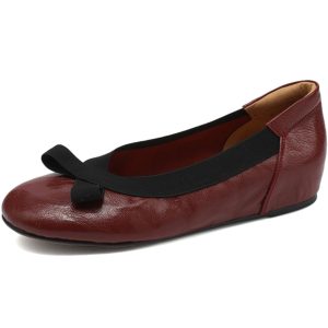 Burgundy Lambskin Ballet Flats for Women - Soft Bottom, Hidden Height, Summer Style, Large Size 41-42, Comfortable Fashion Footwear
