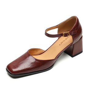 Burgundy Sheepskin High Heeled Chunky Heel Sandals for Women - Square Toe Hollow One-Strap Closed-Toe Style for Summer 2025