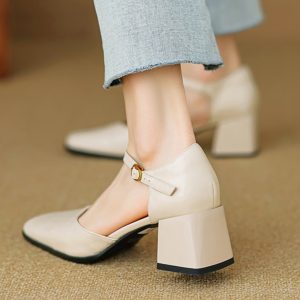 Burgundy Sheepskin High Heeled Chunky Heel Sandals for Women - Square Toe Hollow One-Strap Closed-Toe Style for Summer 2025