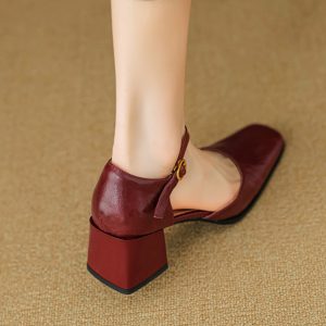 Burgundy Sheepskin High Heeled Chunky Heel Sandals for Women - Square Toe Hollow One-Strap Closed-Toe Style for Summer 2025