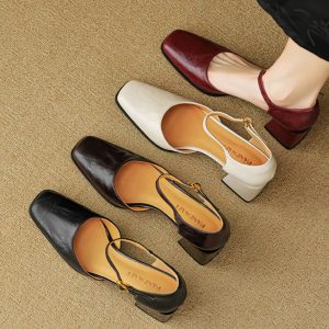 Burgundy Sheepskin High Heeled Chunky Heel Sandals for Women - Square Toe Hollow One-Strap Closed-Toe Style for Summer 2025