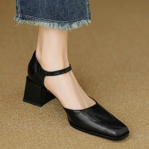 Burgundy Sheepskin High Heeled Chunky Heel Sandals for Women - Square Toe Hollow One-Strap Closed-Toe Style for Summer 2025