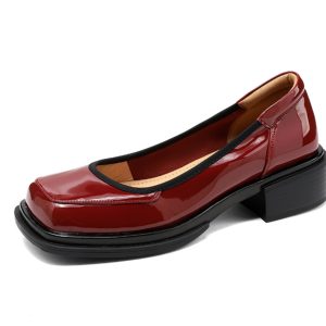 Burgundy Square-Toe Low-Heeled Loafers for Women - Stylish Leather Mid-Heel Shoes, Size 41, Perfect for Casual or Office Wear
