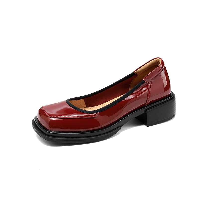 Burgundy Square-Toe Low-Heeled Loafers for Women - Stylish Leather Mid-Heel Shoes, Size 41, Perfect for Casual or Office Wear