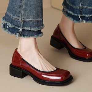 Burgundy Square-Toe Low-Heeled Loafers for Women - Stylish Leather Mid-Heel Shoes, Size 41, Perfect for Casual or Office Wear