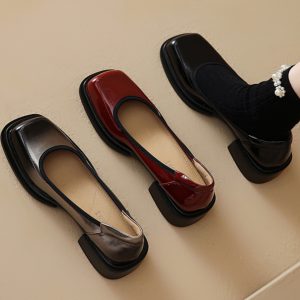 Burgundy Square-Toe Low-Heeled Loafers for Women - Stylish Leather Mid-Heel Shoes, Size 41, Perfect for Casual or Office Wear