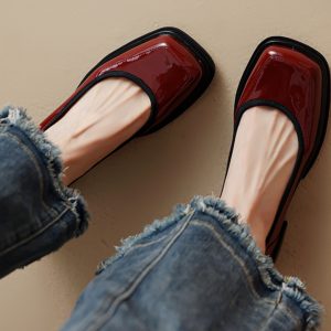 Burgundy Square-Toe Low-Heeled Loafers for Women - Stylish Leather Mid-Heel Shoes, Size 41, Perfect for Casual or Office Wear