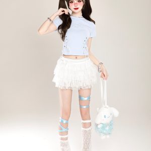 Butterfly Embroidery Tie-Up Shoulder Cropped Short Sleeve T-Shirt for Women – Summer Fitted Top, Sweet and Spicy Style