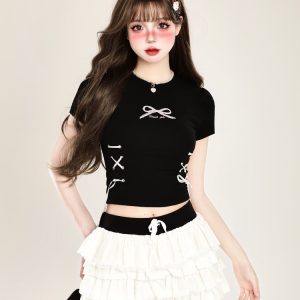 Butterfly Embroidery Tie-Up Shoulder Cropped Short Sleeve T-Shirt for Women – Summer Fitted Top, Sweet and Spicy Style