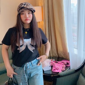 Butterfly Knot Short Sleeve T-Shirt for Women, Plus Size, Round Neck, Regular Fit, Black Top, 2025 Spring Summer Fashion