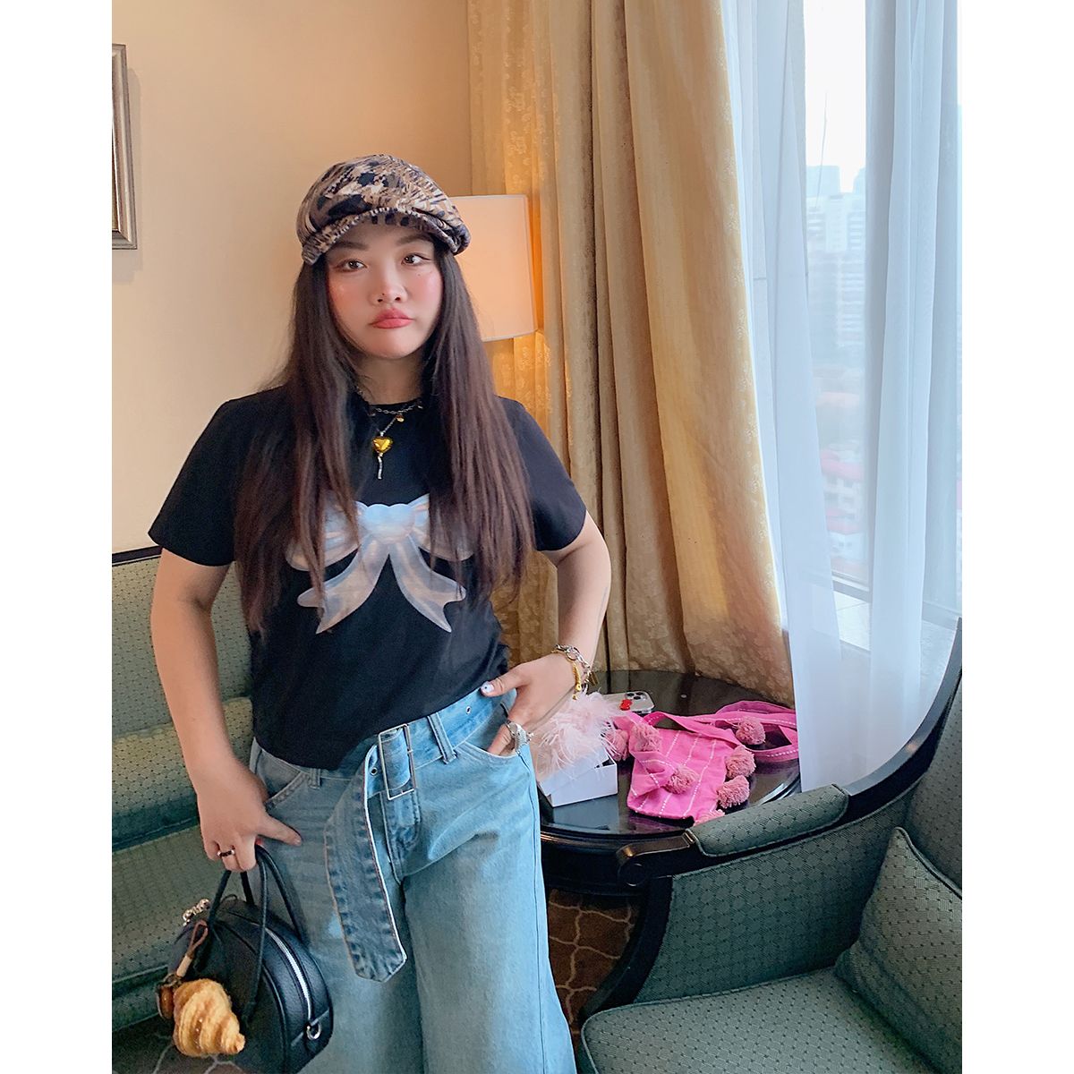 Butterfly Knot Short Sleeve T-Shirt for Women, Plus Size, Round Neck, Regular Fit, Black Top, 2025 Spring Summer Fashion