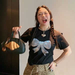 Butterfly Knot Short Sleeve T-Shirt for Women, Plus Size, Round Neck, Regular Fit, Black Top, 2025 Spring Summer Fashion