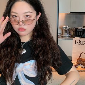 Butterfly Knot Short Sleeve T-Shirt for Women, Plus Size, Round Neck, Regular Fit, Black Top, 2025 Spring Summer Fashion