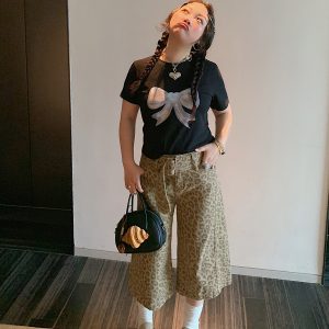 Butterfly Knot Short Sleeve T-Shirt for Women, Plus Size, Round Neck, Regular Fit, Black Top, 2025 Spring Summer Fashion