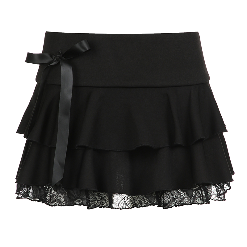 Butterfly Knot Strap Low-Waist Lace Hem Half Skirt - Double-Layer Pleated A-Line Short Skirt for JK Girl Style, Little Black Skirt