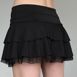 Butterfly Knot Strap Low-Waist Lace Hem Half Skirt - Double-Layer Pleated A-Line Short Skirt for JK Girl Style, Little Black Skirt