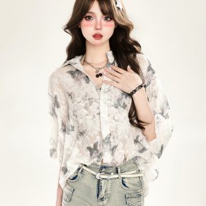 Butterfly Print Short Sleeve Shirt for Women - Summer Sun Protection Loose Cardigan Top